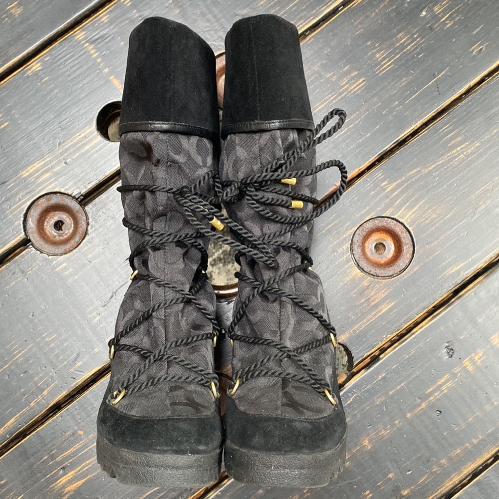 Coach black monogram jacquard Maisy rope tie lace up wedge winter boots Size 8 - Picture 6 of 16